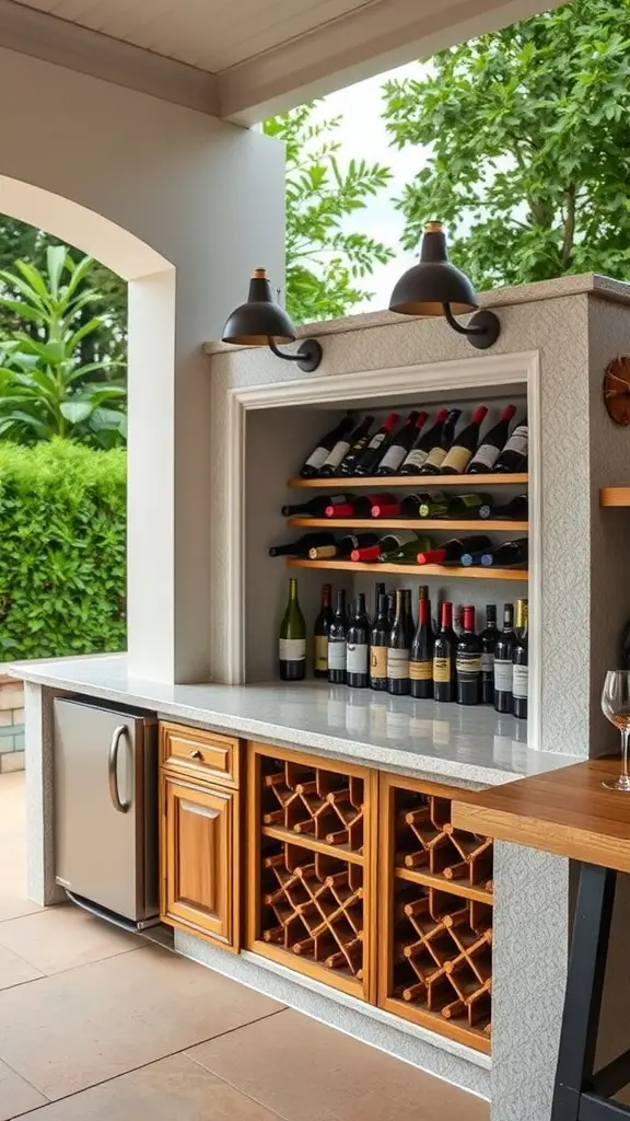 21 Inspiring Outdoor Kitchen Storage Ideas You’ll Love 10 A stylish outdoor kitchen featuring built-in wine racks with various bottles and a sleek countertop.