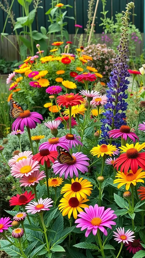 23 Inspiring Backyard Layout Ideas for Your Outdoor Oasis 13 A vibrant garden filled with colorful flowers and a butterfly.