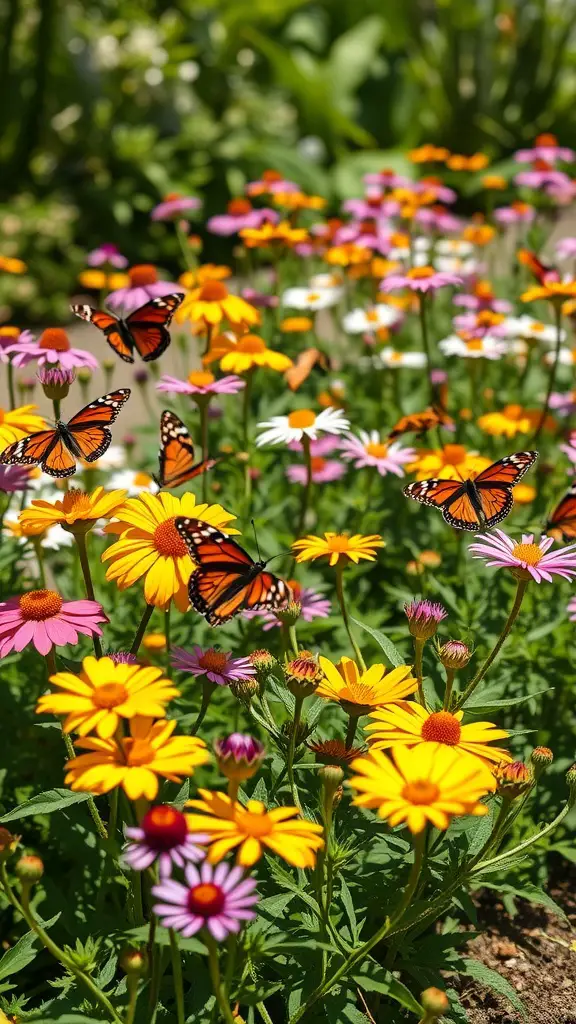 Colorful flower bed with butterflies fluttering around