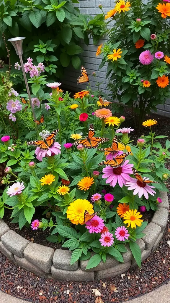 15 Beautiful Corner Flower Bed Ideas for Your Garden 9 A vibrant corner flower bed filled with colorful flowers and butterflies.
