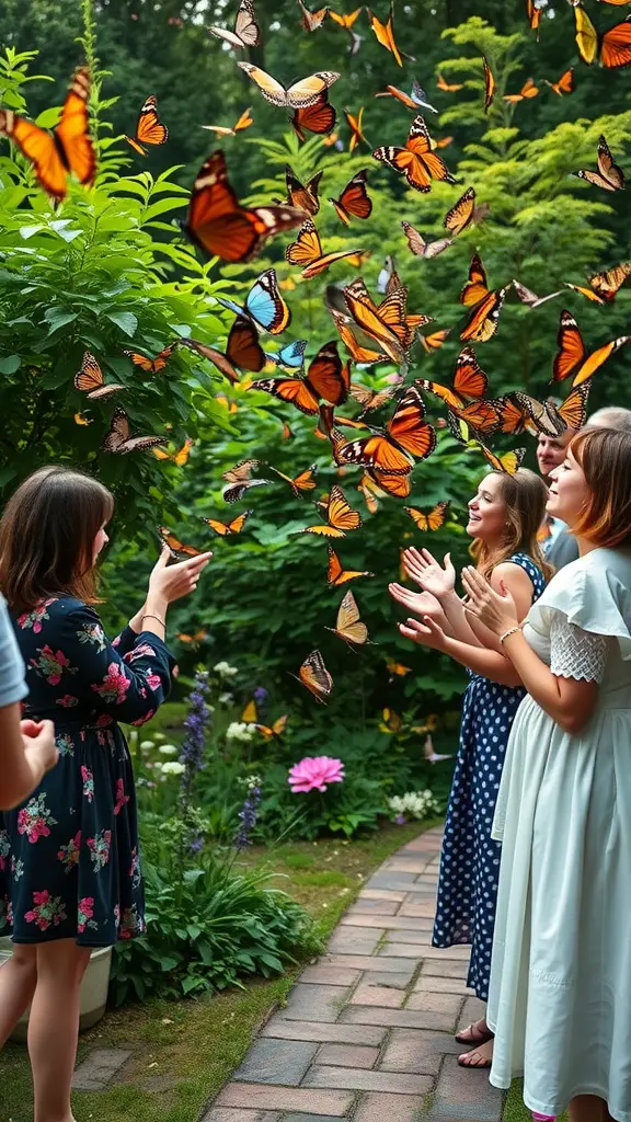 23 Adorable Garden Baby Shower Ideas You Need to Try 9 A butterfly release ceremony at a baby shower, with guests joyfully watching butterflies take flight in a garden.