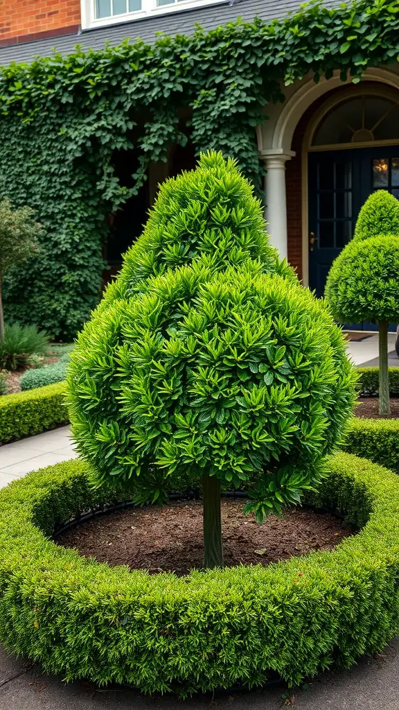 Buxus shrubs shaped into rounded forms in front of a house, showcasing their vibrant green foliage.