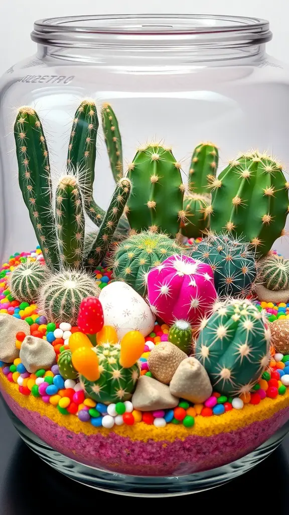 17 Creative Terrarium Ideas to Inspire Your Green Thumb 9 A vibrant cactus garden terrarium featuring various cacti and colorful sand.