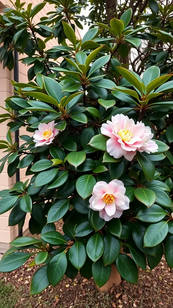 A camellia shrub featuring glossy green leaves and pink flowers in front of a house.