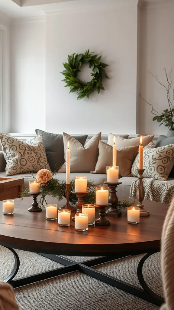 21 Cozy Ambient Lighting Ideas for Your Living Room 8 A cozy living room with a candle arrangement on a coffee table, soft cushions, and a decorative wreath.
