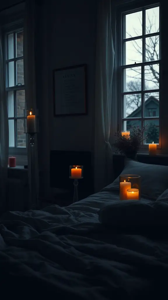 19 Cozy Dark Bedroom Aesthetic Ideas to Transform Your Space 4 A dark bedroom with candles creating a cozy atmosphere
