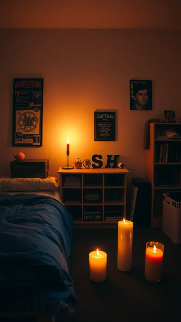 25 Dark Dorm Room Aesthetic Ideas for a Cozy and Chic Vibe 8 A cozy dorm room with candles illuminating the space, showcasing a bed with blue bedding and decorative elements on the walls.