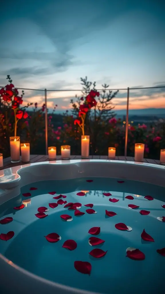 15 Inspiring Outdoor Jacuzzi Ideas for Your Backyard Retreat 11 Jacuzzi for two surrounded by candles and rose petals at sunset