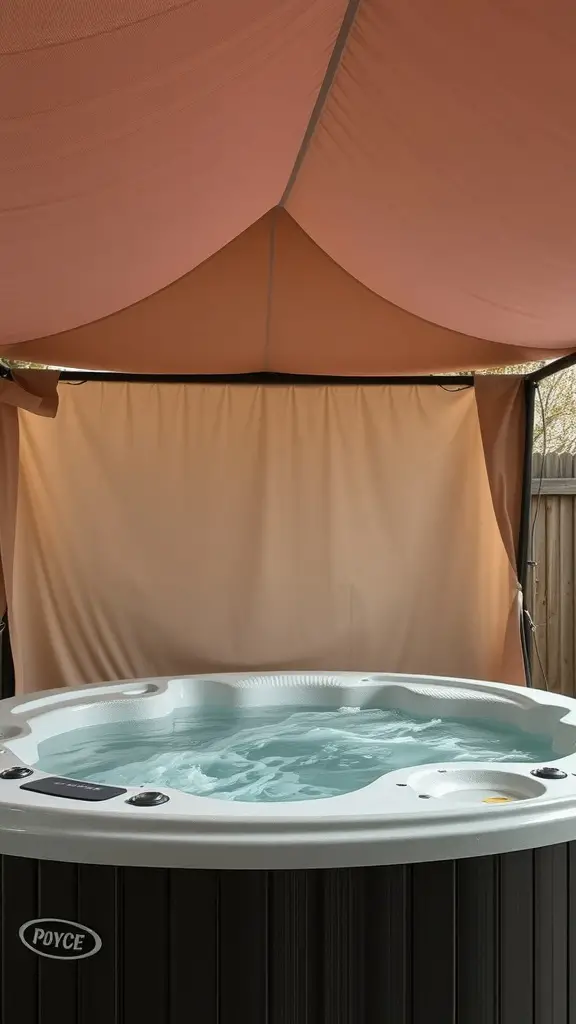 19 Creative Hot Tub Privacy Ideas for Ultimate Relaxation 15 A hot tub sheltered by a soft-colored canopy, providing privacy and comfort.