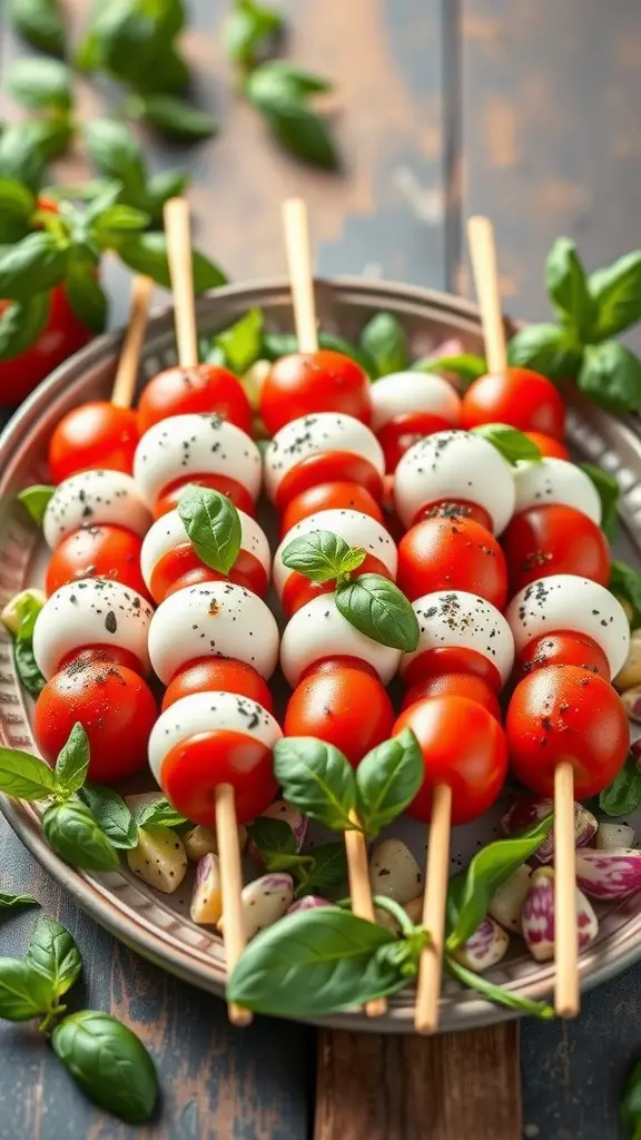 29 Charming Italian-Themed Bridal Shower Ideas You’ll Love 17 A display of Caprese salad skewers with cherry tomatoes, mozzarella balls, and fresh basil.