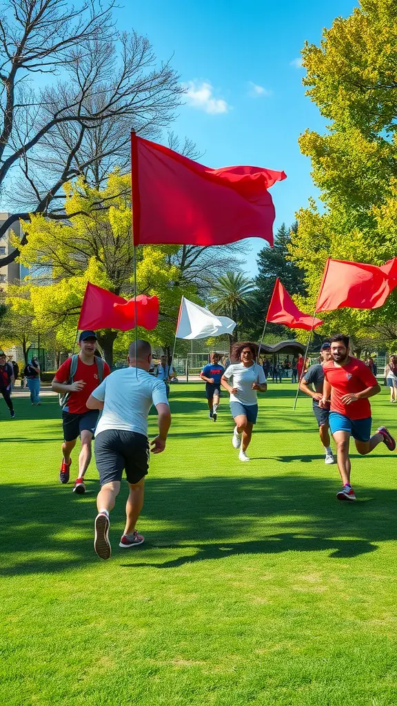 25 Exciting Outdoor Games for Fun-filled Adventures 9 Players running on a green field holding flags, engaging in a game of Capture the Flag.