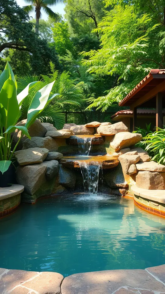 15 Creative Ideas for Small Backyard Pools 4 A small backyard pool with a cascading waterfall surrounded by lush greenery.