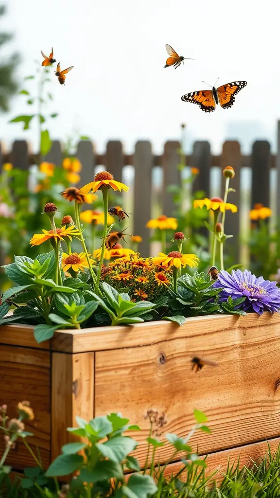 17 Creative Cedar Planter Box Ideas for Your Garden 15 A cedar planter box filled with colorful flowers attracting bees and butterflies in a garden.