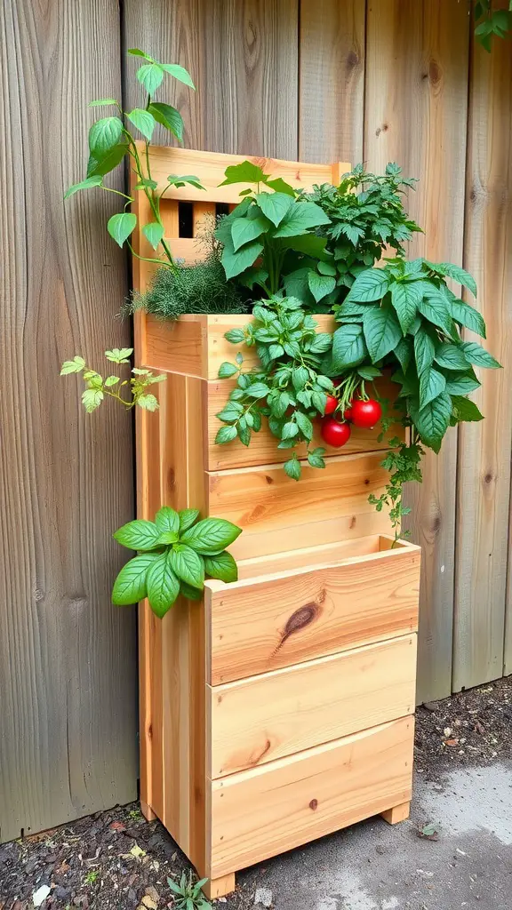 17 Creative Cedar Planter Box Ideas for Your Garden 12 A vertical cedar planter box with lush green plants and tomatoes, set against a wooden backdrop.