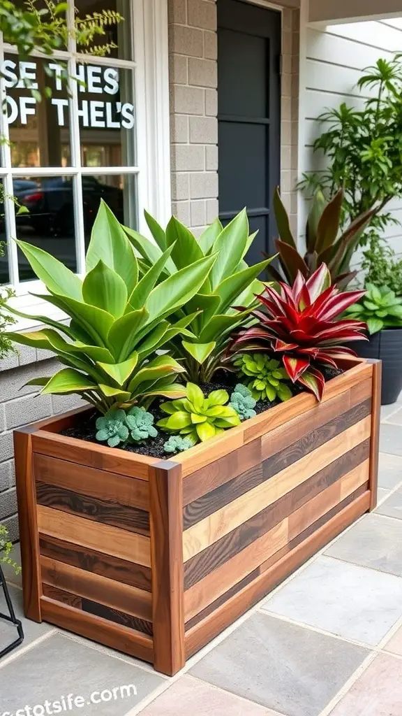 17 Creative Cedar Planter Box Ideas for Your Garden 14 A cedar planter box with copper accents filled with various green plants, placed outside a house.