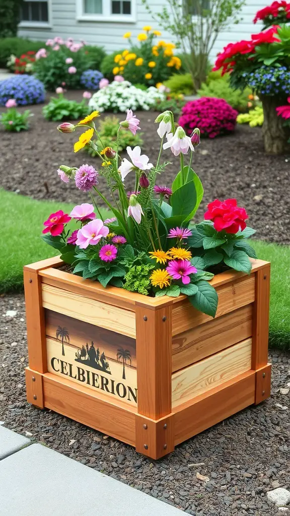 17 Creative Cedar Planter Box Ideas for Your Garden 4 Cedar planter box filled with colorful flowers, featuring decorative edging.