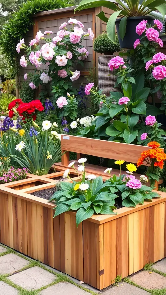 17 Creative Cedar Planter Box Ideas for Your Garden 17 A cedar planter box surrounded by colorful flowers, featuring an integrated seating area.
