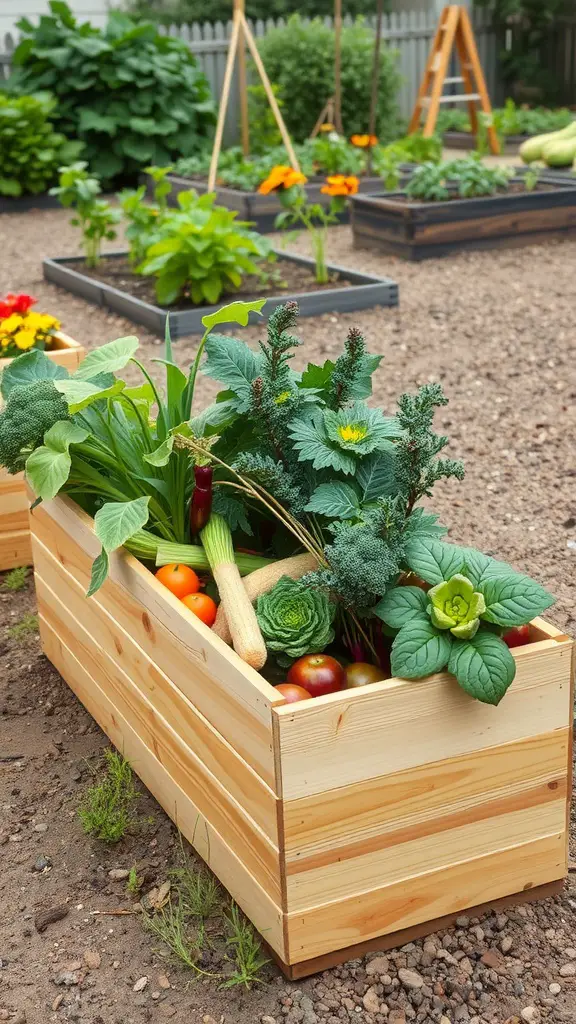 17 Creative Cedar Planter Box Ideas for Your Garden 16 Cedar planter box filled with fresh vegetables and greens in a garden setting.