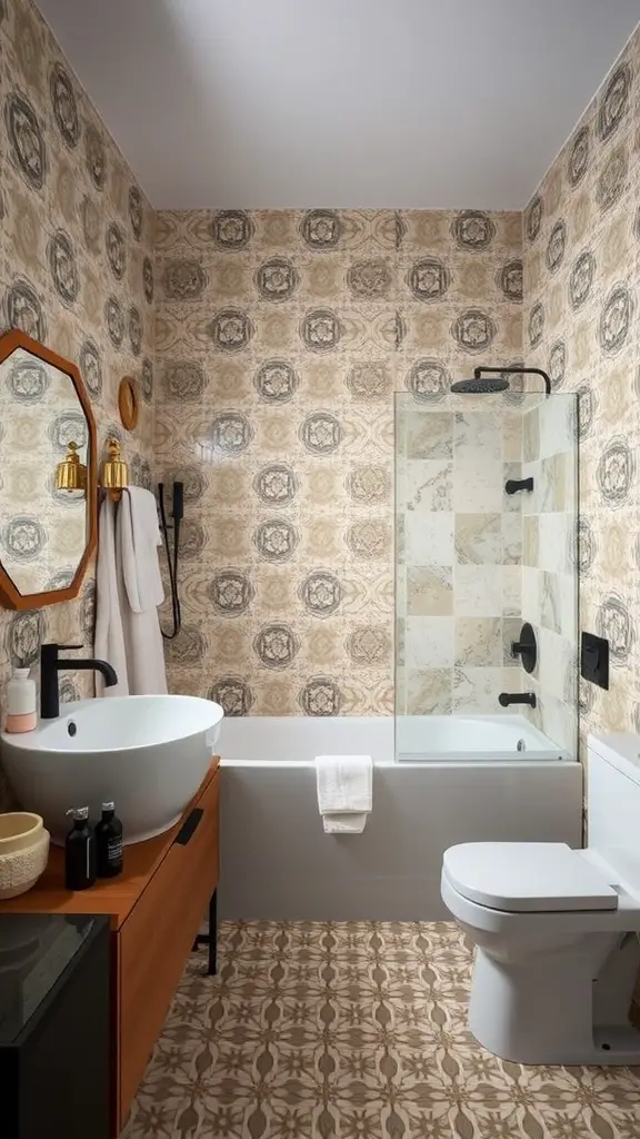 25 Stunning Bathroom Tile Combination Ideas to Transform Your Space 12 A modern bathroom featuring artistic cement tiles on the walls and floor, showcasing intricate patterns and a stylish decor.