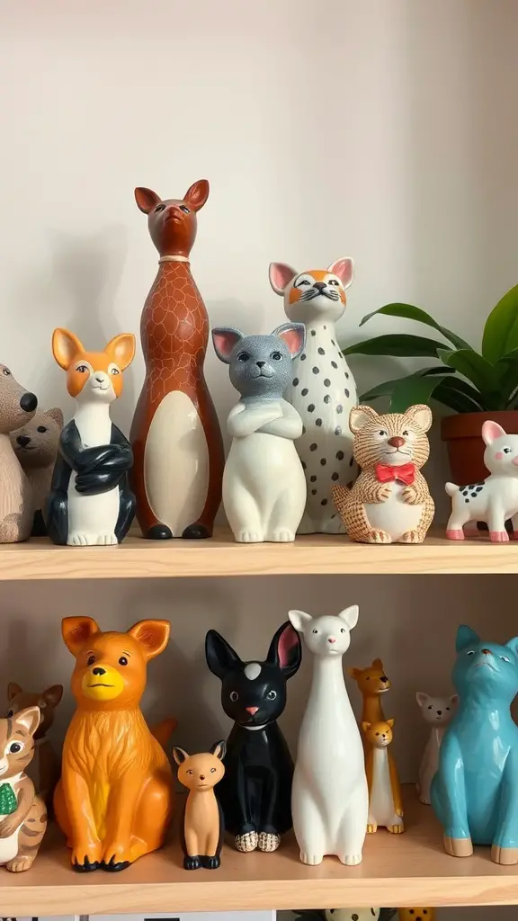 27 Creative DIY Ceramic Projects to Inspire Your Next Craft Adventure 14 A collection of colorful ceramic animal figurines displayed on a shelf.