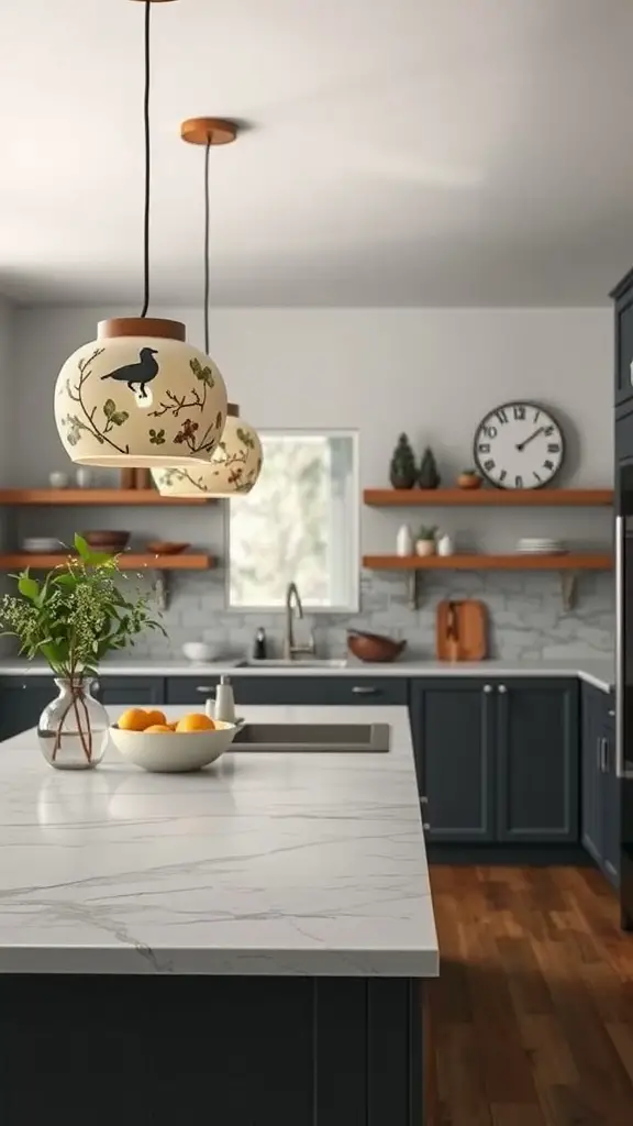 17 Stunning Kitchen Island Pendant Lighting Ideas 16 Ceramic pendant lights with nature motifs hanging above a kitchen island with a marble countertop.