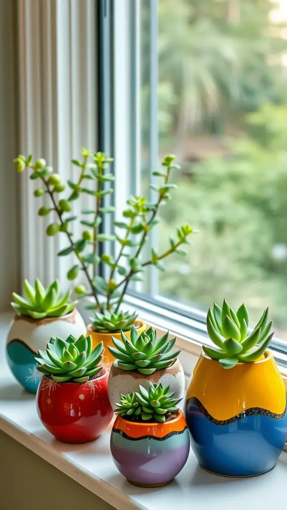 15 Stunning Indoor Flower Pot Ideas for Your Home 10 Colorful ceramic succulent holders on a windowsill with various succulents.