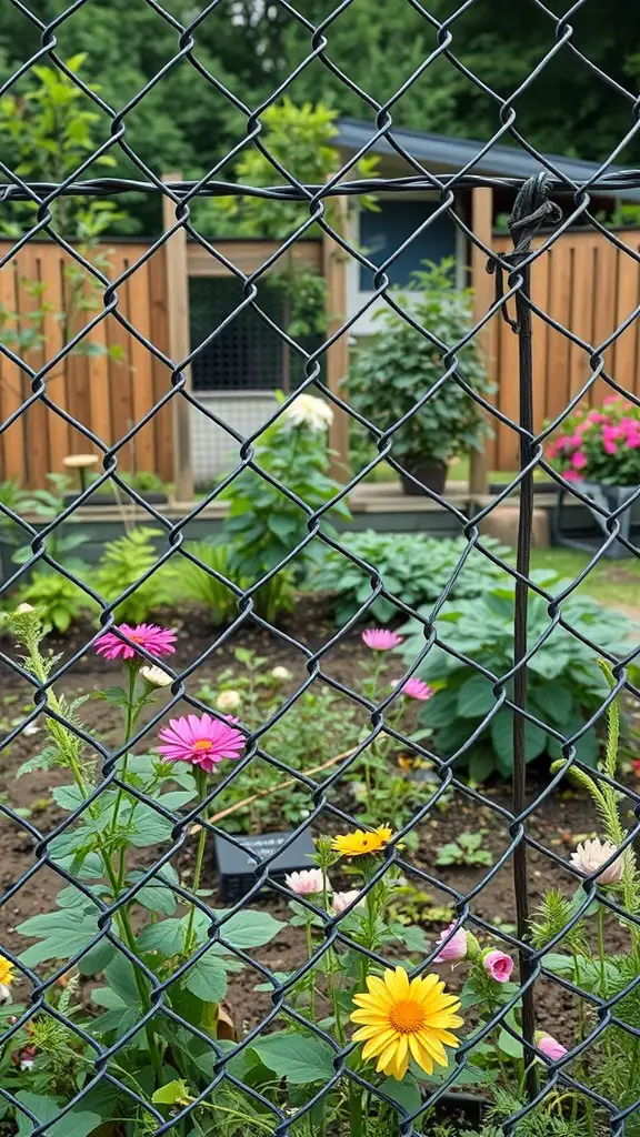 21 Creative Chain Link Fence Ideas for Your Outdoor Space 17 A chain link fence surrounding a community garden with colorful flowers blooming in front.