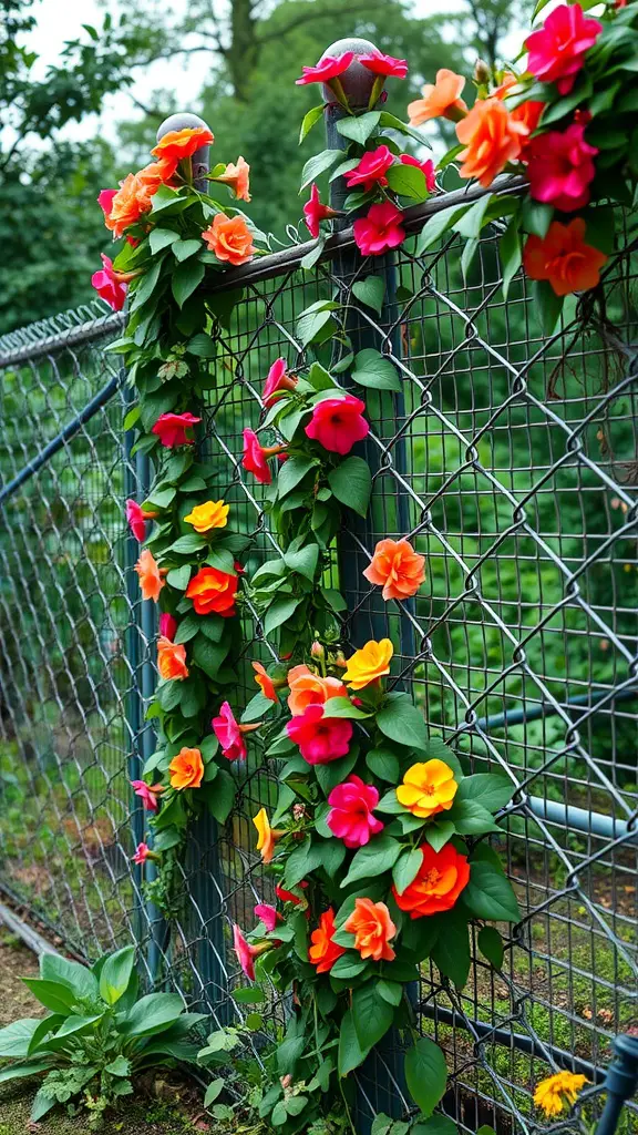 17 Creative DIY Garden Fence Ideas to Enhance Your Outdoor Space 7 Colorful climbing flowers on a chain link fence