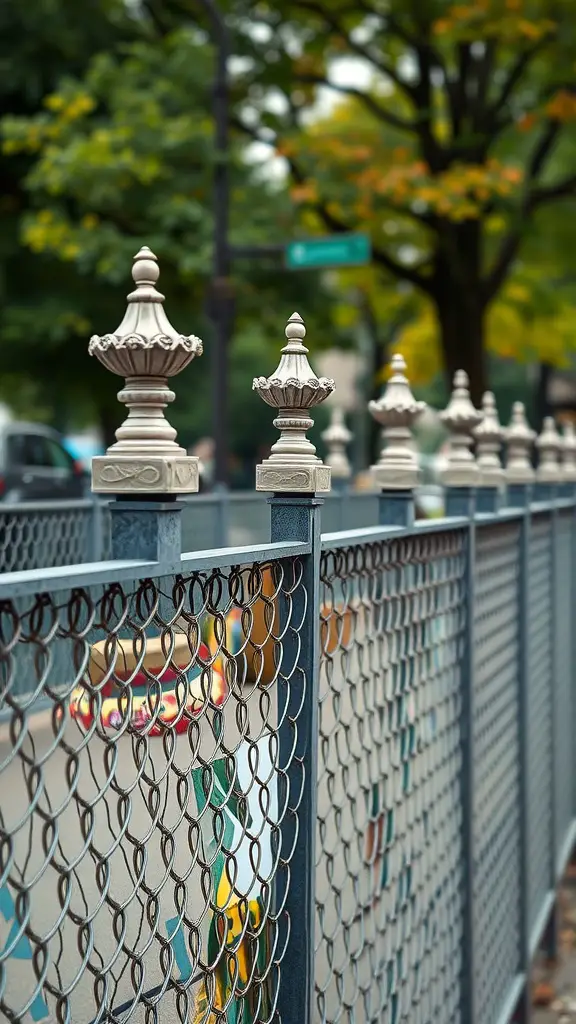 21 Creative Chain Link Fence Ideas for Your Outdoor Space 13 Decorative finials on a chain link fence, showcasing elegant designs.