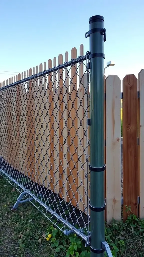 21 Creative Chain Link Fence Ideas for Your Outdoor Space 7 A chain link fence combined with wooden panels in a backyard setting.