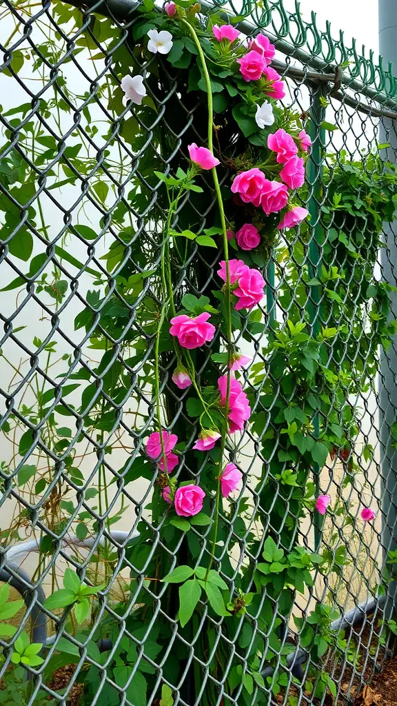 21 Creative Garden Fence Ideas to Transform Your Outdoor Space 16 A chain link fence with pink and white climbing flowers.