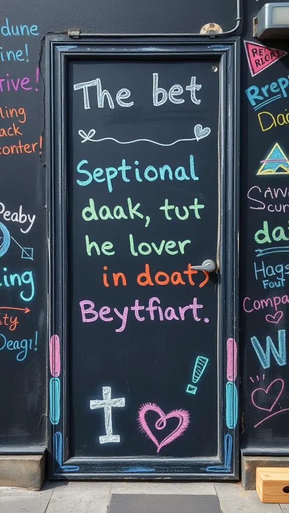 21 Creative Dorm Door Decoration Ideas for a Personal Touch 12 A colorful chalkboard door with playful messages and doodles.