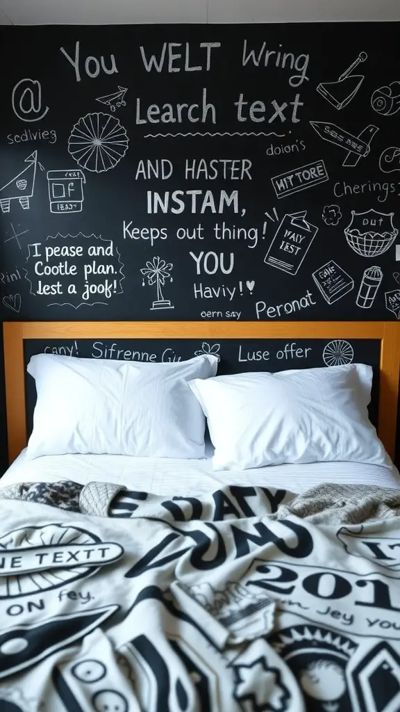 17 Creative Dorm Headboard Ideas to Transform Your Space 15 Chalkboard headboard with doodles and text above a bed