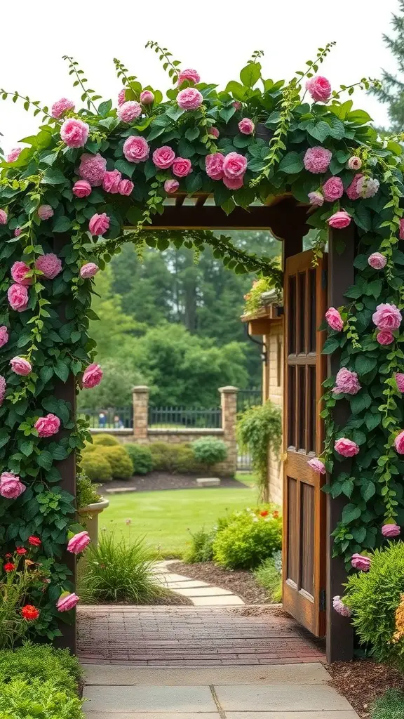 25 Stunning Front Entry Landscaping Ideas for a Welcoming Home 2 A charming wooden arbor decorated with pink flowers, leading into a beautifully landscaped garden.