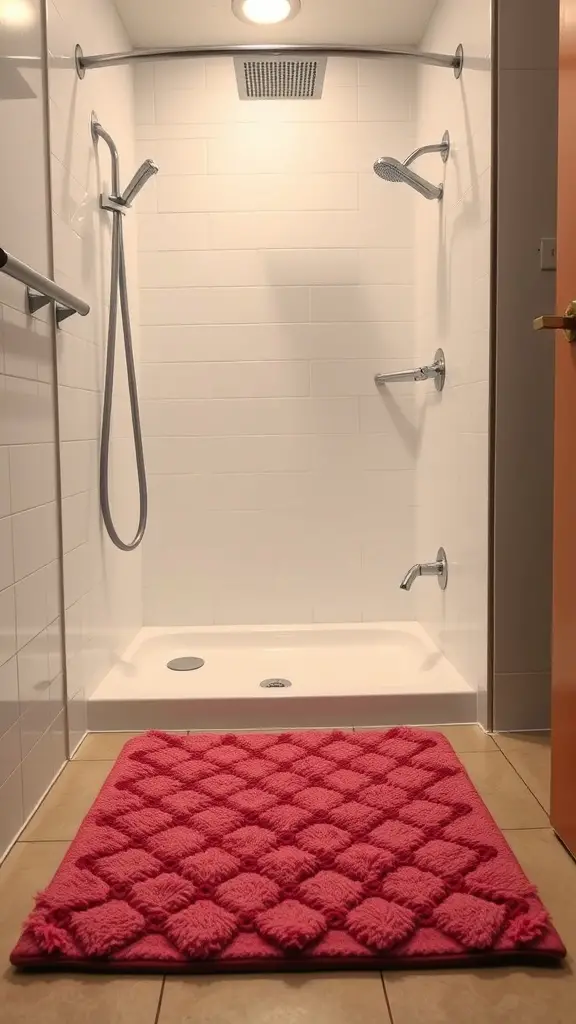 19 Creative Dorm Bathroom Ideas for a Stylish Space 2 A pink textured bath mat in front of a shower area
