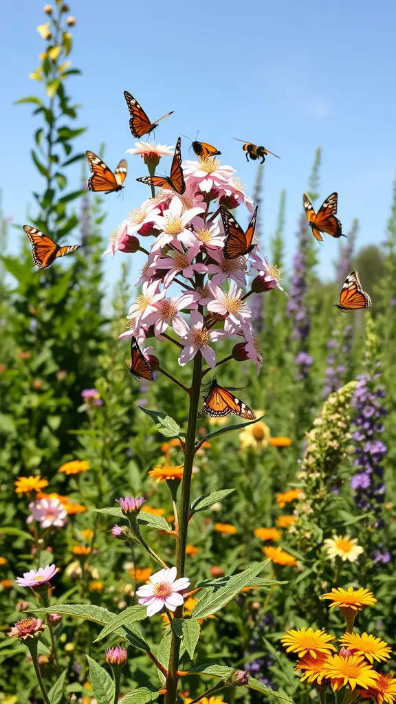 23 Stunning Flowering Shrubs to Transform Your Garden 8 A beautiful butterfly bush surrounded by butterflies and colorful flowers in a garden