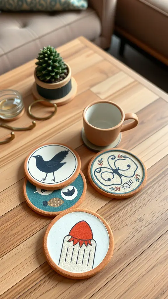 23 Creative Clay Art Ideas to Inspire Your Next Project 4 A table with four colorful clay coasters featuring different designs, alongside a cup and a small plant.