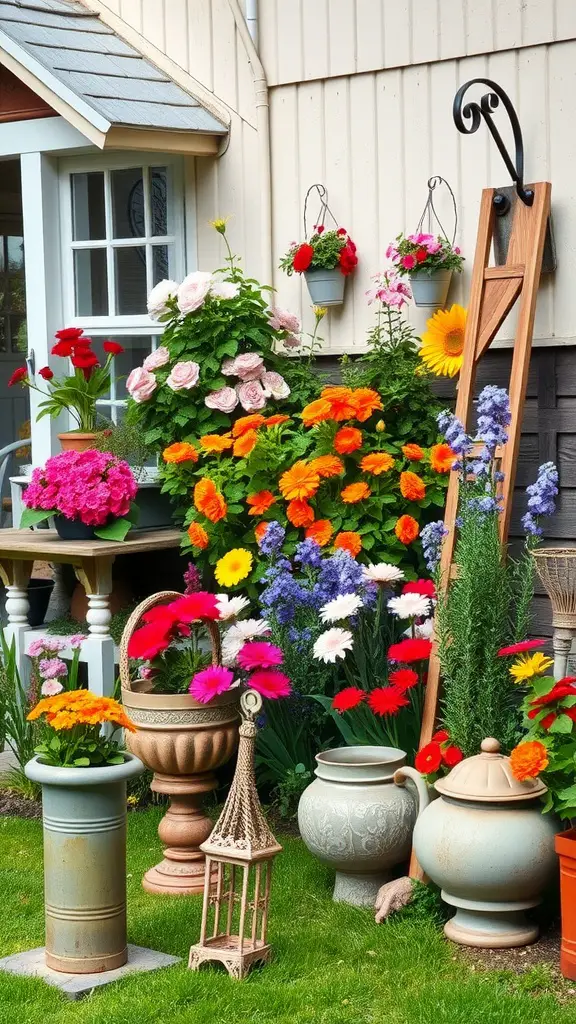 A beautiful cottage-style flower bed with colorful flowers, pots, and a decorative lantern.