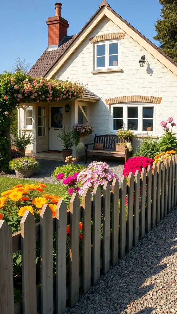 25 Beautiful Raised Flower Bed Ideas for Your Front House 5 A charming cottage with colorful raised flower beds and a wooden fence.
