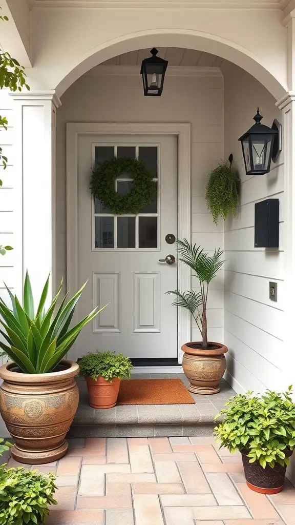 21 Stunning House Plant Decor Ideas for Every Room 16 A cozy entryway with a white door, green wreath, and various potted plants in decorative pots.