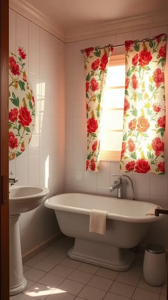 17 Charming Cafe Curtain Ideas for Your Bathroom Style 7 Bright bathroom with floral cafe curtains featuring red roses and green leaves