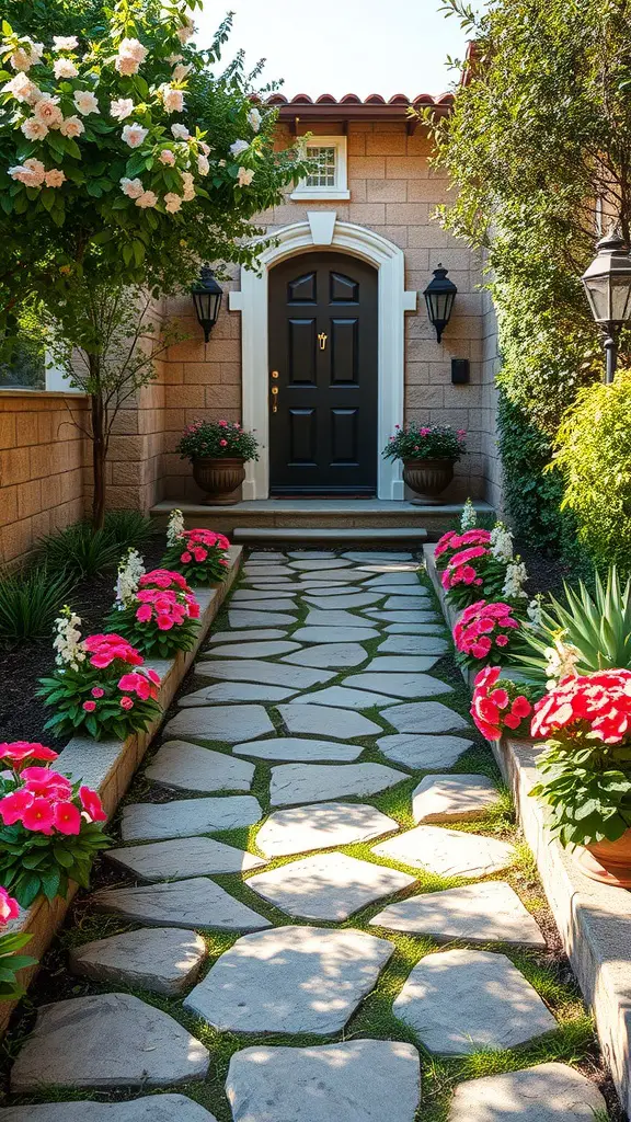 27 Inspiring Outdoor Entryway Decor Ideas to Enhance Your Home's Curb Appeal 7 A charming garden pathway leading to a dark door, lined with pink flowers and greenery