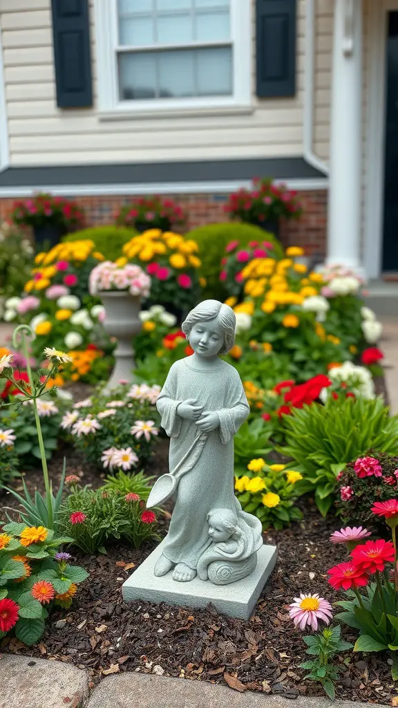 A charming garden statue of a child surrounded by colorful flowers.