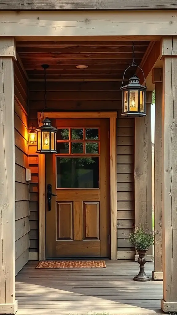 25 Stylish Porch Entryway Ideas to Upgrade Your Home's Curb Appeal 9 A charming porch with two hanging lanterns and a wooden door