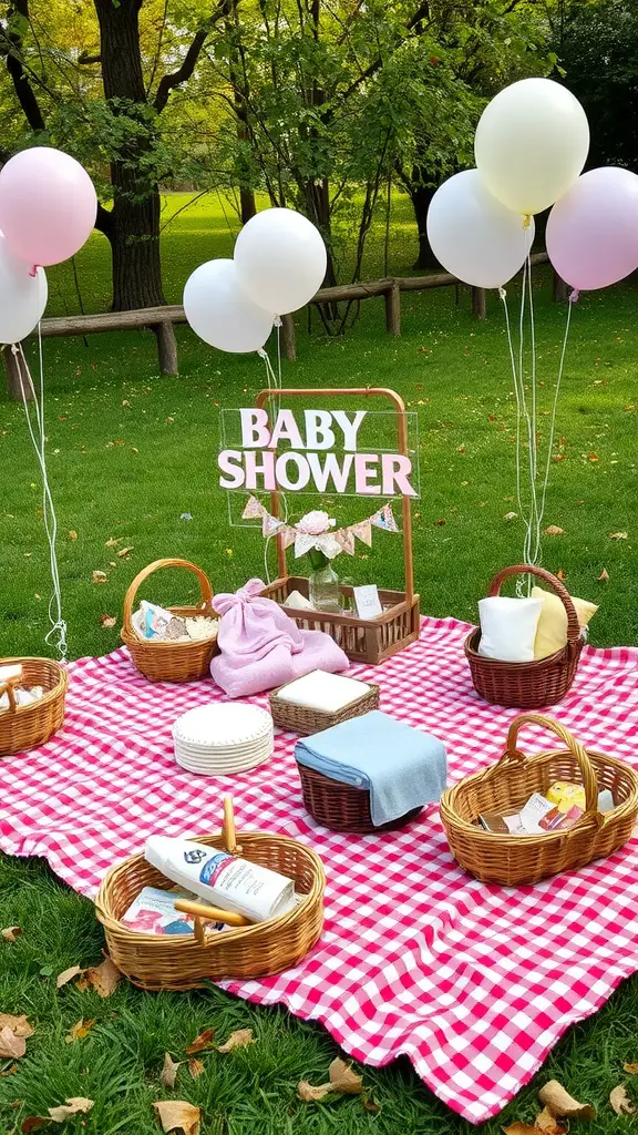 25 Charming June Baby Shower Ideas You'll Love 5 Outdoor picnic setup for a baby shower with a checkered blanket, baskets, and balloons.