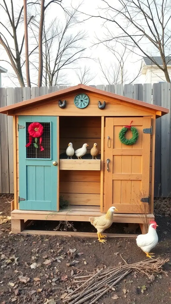 19 Creative Pallet Chicken Coop Ideas You’ll Love 13 A charming wooden chicken coop with decorative touches, featuring a blue door, a wreath, and a flower accent, surrounded by chickens.