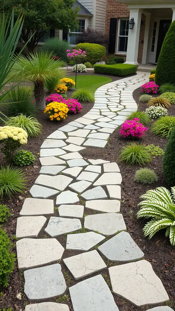 13 Creative Front Yard Landscaping Ideas to Enhance Your Curb Appeal 6 A charming stone pathway winding through a colorful flower garden