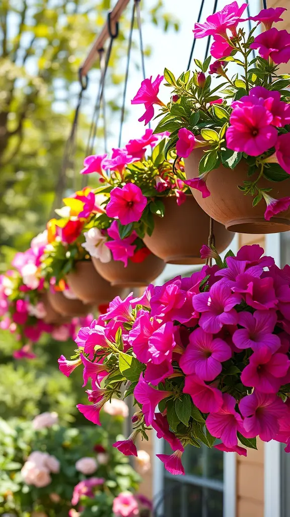 21 Stunning Full Sun Plants for Your Garden 14 Hanging baskets filled with colorful petunias in shades of pink, purple, and yellow, displayed outdoors.
