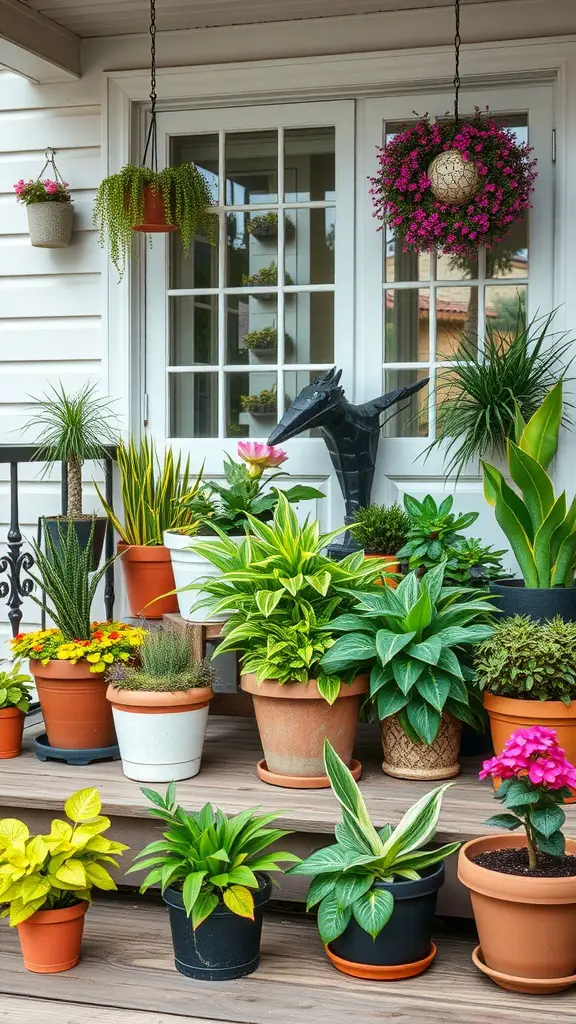19 Inspiring Front Deck Ideas You'll Love 6 A collection of potted plants on a front deck, showcasing various designs and heights.
