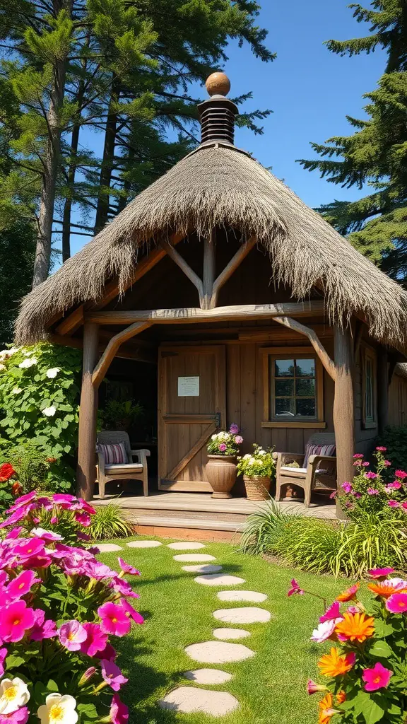29 Gorgeous Garden Summer House Ideas to Enhance Your Outdoor Space 8 A charming rustic summer house with a thatched roof, surrounded by vibrant flowers and greenery.